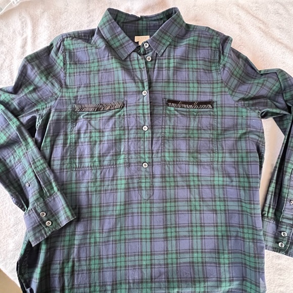 J. Crew Tops - J. Crew Navy and Emerald Plaid Shirt With Black Beading on Pockets.